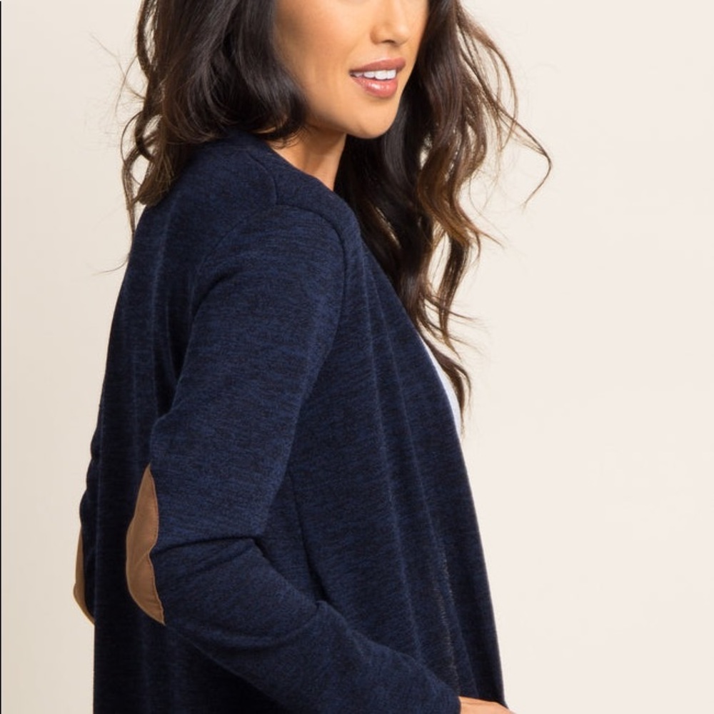 Navy Blue Suede Elbow Patch Short Cardigan